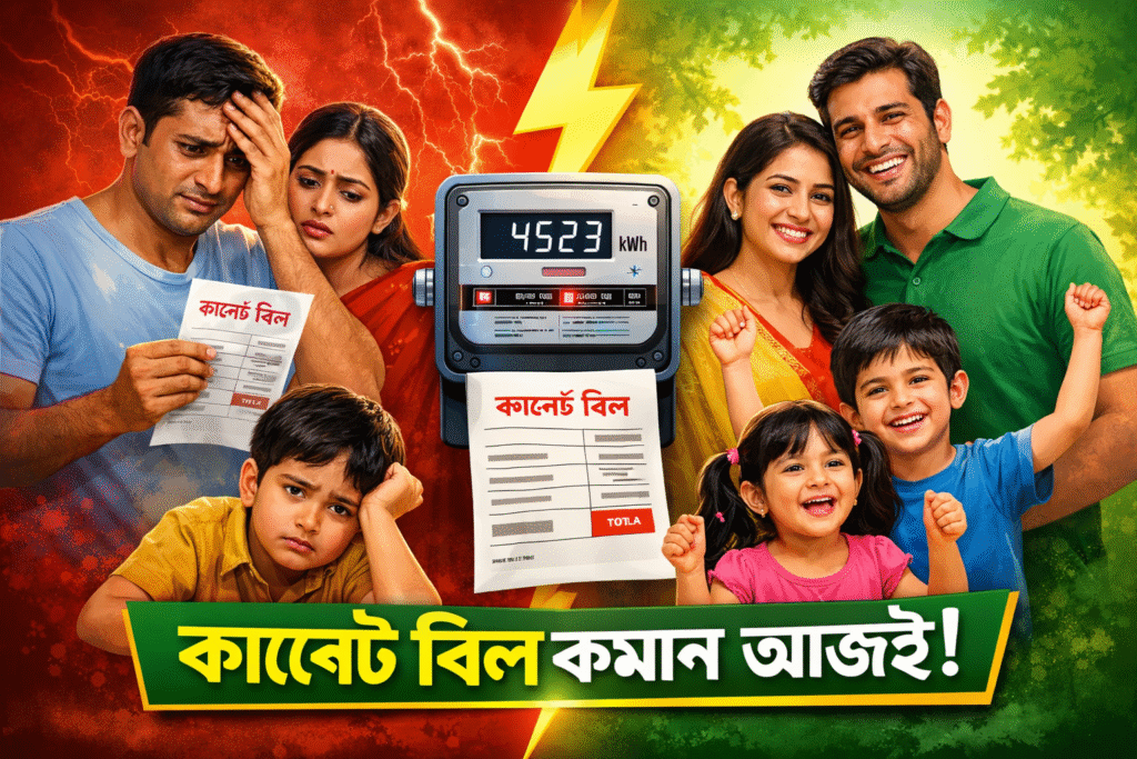 কারেন্ট বিল কমানোর কার্যকর উপায় দেখানো ভিজ্যুয়াল – বিদ্যুৎ খরচ সাশ্রয়ের সহজ কৌশল