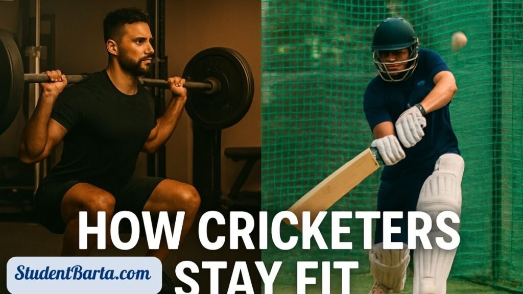 ক্রিকেট খেলোয়াড় ফিটনেস রুটিন—জিমে ট্রেনিং, নেটে ব্যাটিং ও অ্যাথলেটিক ওয়ার্কআউটের সমন্বিত ছবি”
