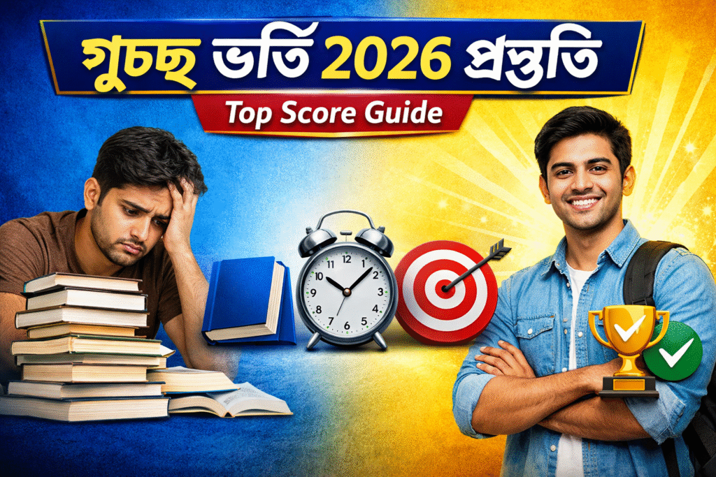 গুচ্ছ ভর্তি পরীক্ষা ২০২৬ প্রস্তুতি: শিক্ষার্থী পড়াশোনা করছে, বই ও টার্গেট আইকন সহ