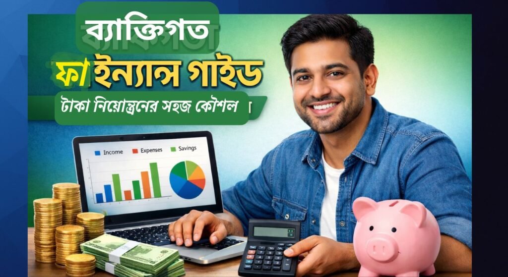 কজন মানুষ হাসি মুখে টেবিলের সামনে বসে আছে, হাতে ক্যালকুলেটর এবং ল্যাপটপ, ল্যাপটপ স্ক্রিনে আয়, ব্যয়, সঞ্চয় দেখানো গ্রাফ এবং পাশে কয়েন, নোট ও পিগি ব্যাংক। থাম্বনেল বাংলা লেখা: ব্যক্তিগত ফাইন্যান্স গাইড – টাকা নিয়ন্ত্রণের সহজ কৌশল।
