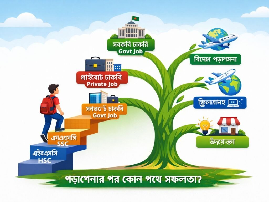 বাংলাদেশের শিক্ষার্থীদের জন্য ক্যারিয়ার পাথ ভিজ্যুয়ালাইজেশন – SSC থেকে Masters পর্যন্ত Govt Job, Private Job, Freelancing, Entrepreneurship এবং Abroad Study সহ
