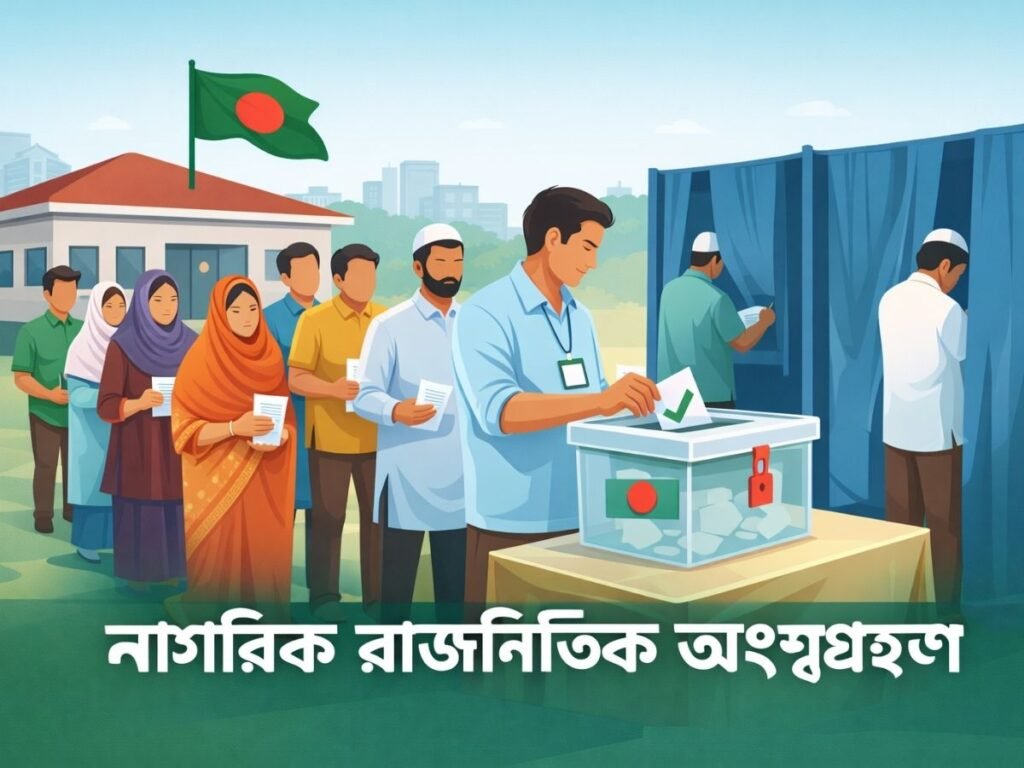 বাংলাদেশে নাগরিকরা ভোটকেন্দ্রে ভোট প্রদানের জন্য লাইনে দাঁড়িয়ে আছেন, নির্বাচনী প্রক্রিয়ায় অংশ নিচ্ছেন। Image-এ দেখা যাচ্ছে ballot box এবং ভোটারদের সিলুয়েট।