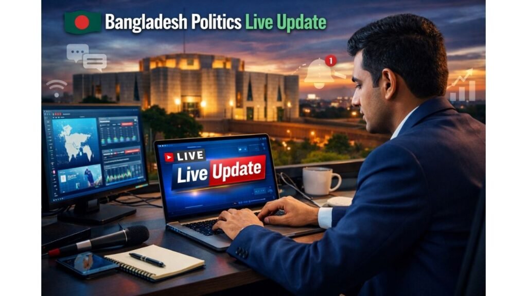 Bangladesh Politics Live Update: সাংবাদিক কম্পিউটারে কাজ করছেন, পেছনে বাংলাদেশের সংসদ ভবনের দৃশ্য।